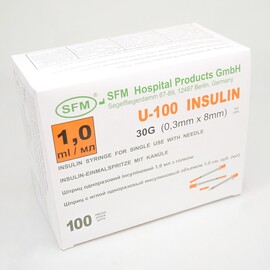 Шприц инсулиновый SFM 1,0 мл U-100 с интегрирированной иглой 0,30*8,0 - 30G.